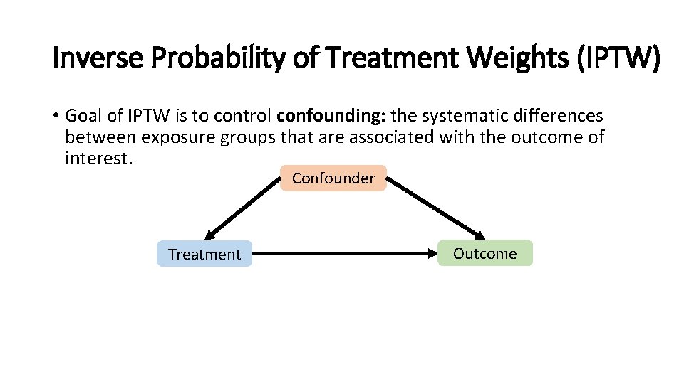 Inverse Probability of Treatment Weights (IPTW) • Goal of IPTW is to control confounding: