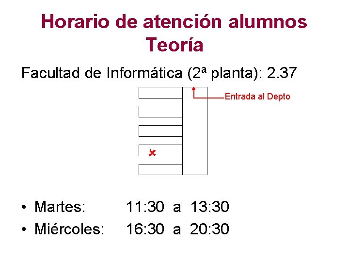 Horario de atención alumnos Teoría Facultad de Informática (2ª planta): 2. 37 Entrada al