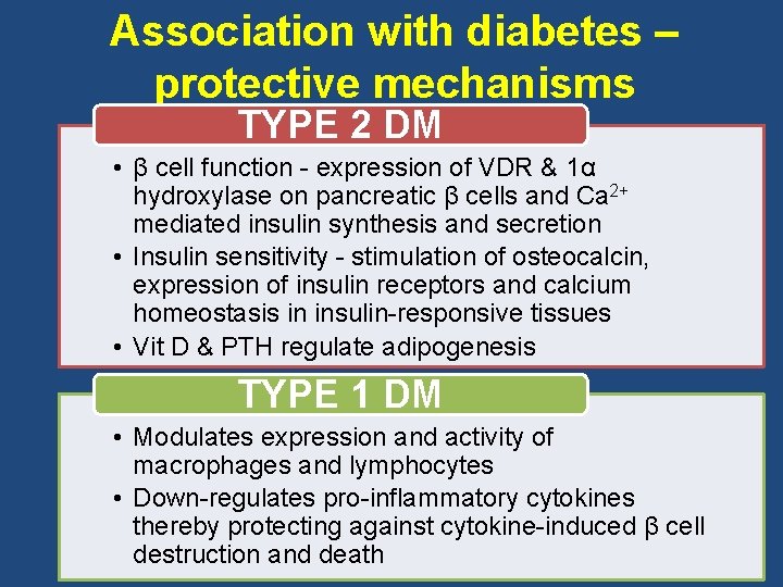 Association with diabetes – protective mechanisms TYPE 2 DM • β cell function -