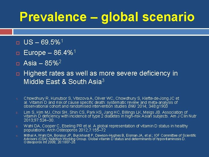 Prevalence – global scenario 1. 2. 3. 4. US – 69. 5%1 Europe –