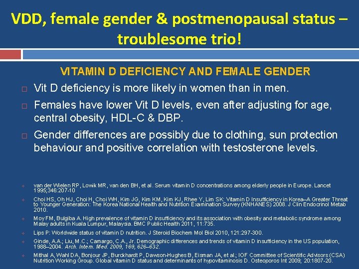 VDD, female gender & postmenopausal status – troublesome trio! VITAMIN D DEFICIENCY AND FEMALE