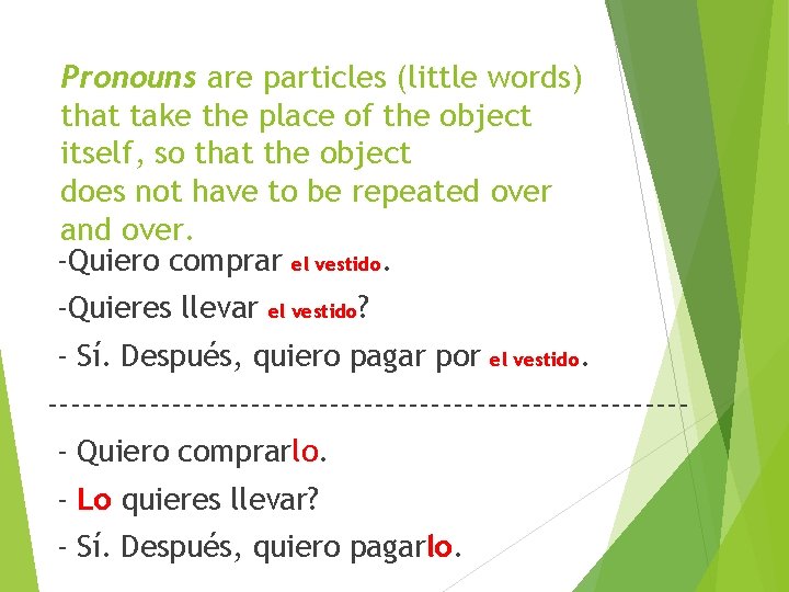 Pronouns are particles (little words) that take the place of the object itself, so