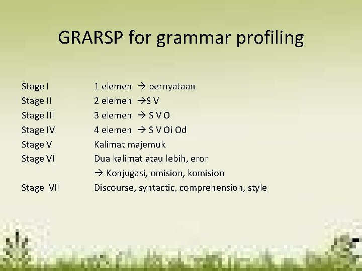 GRARSP for grammar profiling Stage III Stage IV Stage VII 1 elemen pernyataan 2