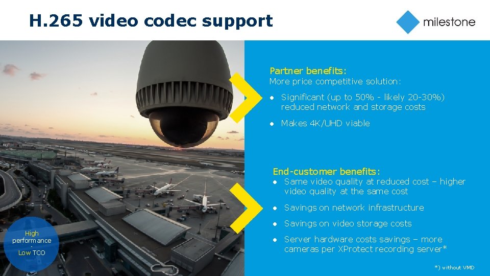 H. 265 video codec support Partner benefits: More price competitive solution: ● Significant (up