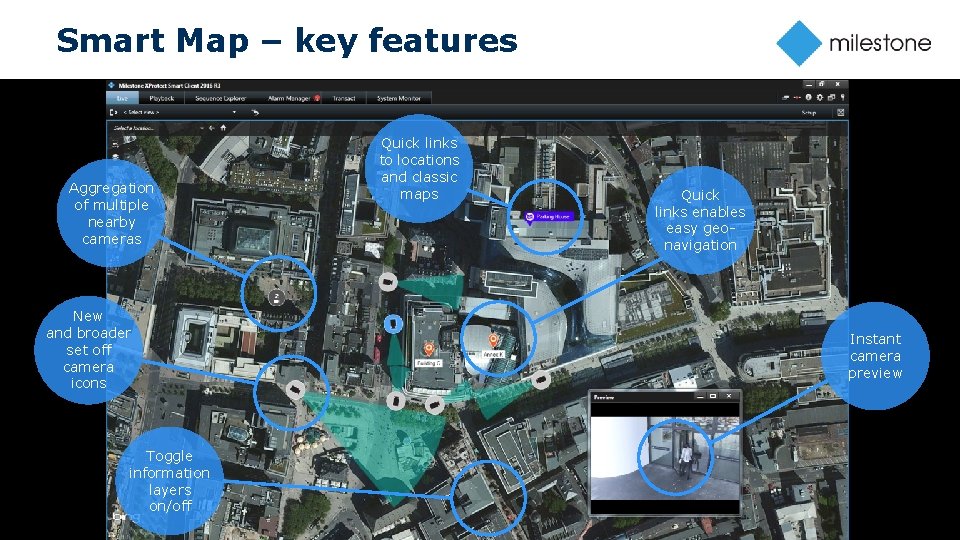 Smart Map – key features Aggregation of multiple nearby cameras New and broader set