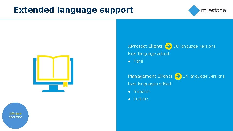 Extended language support XProtect Clients 30 language versions New language added: ● Farsi Management
