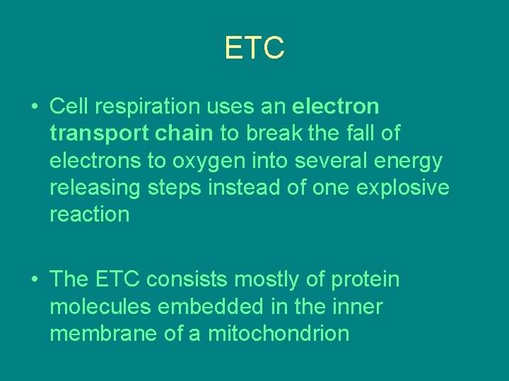 ETC • Cell respiration uses an electron transport chain to break the fall of ETC • Cell respiration uses an electron transport chain to break the fall of