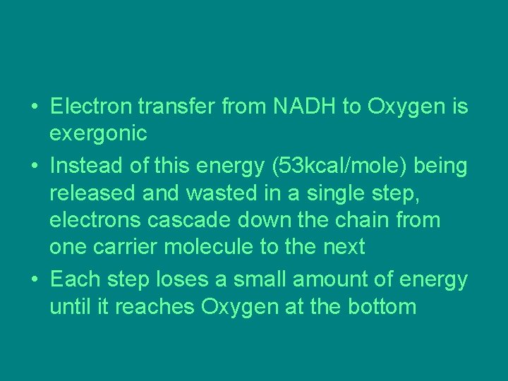 • Electron transfer from NADH to Oxygen is exergonic • Instead of this • Electron transfer from NADH to Oxygen is exergonic • Instead of this