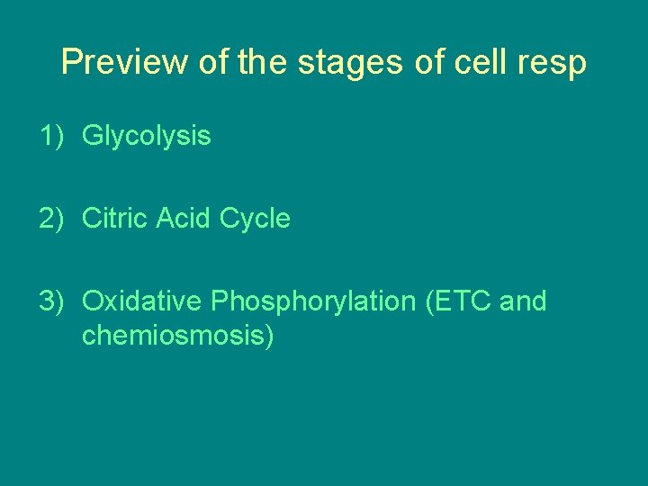 Preview of the stages of cell resp 1) Glycolysis 2) Citric Acid Cycle 3) Preview of the stages of cell resp 1) Glycolysis 2) Citric Acid Cycle 3)
