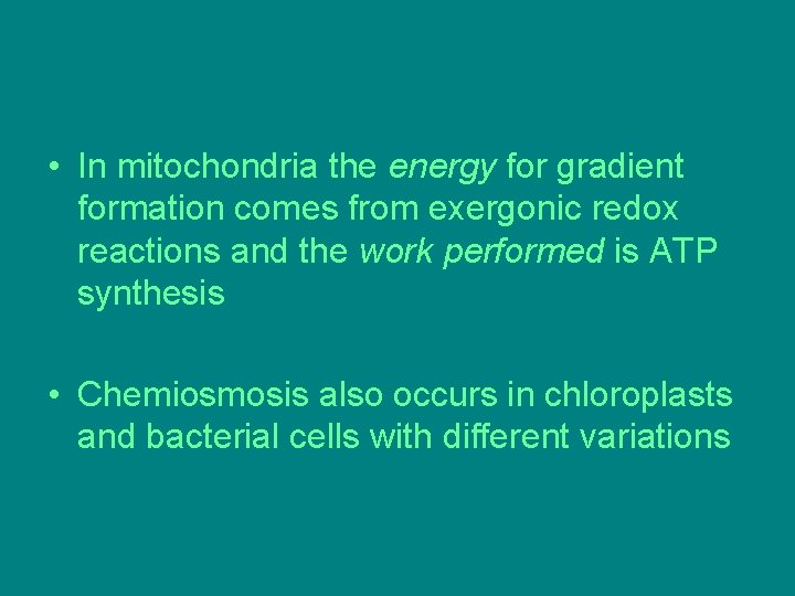 • In mitochondria the energy for gradient formation comes from exergonic redox reactions • In mitochondria the energy for gradient formation comes from exergonic redox reactions