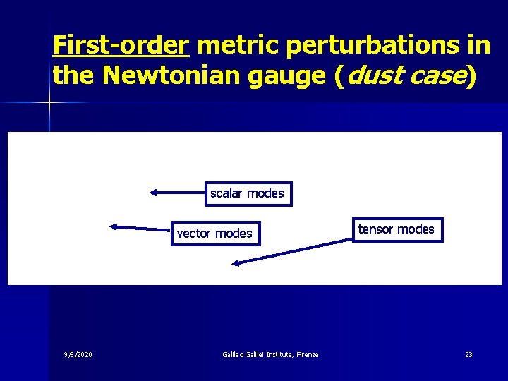 First-order metric perturbations in the Newtonian gauge (dust case) scalar modes vector modes 9/9/2020