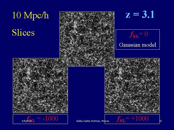 z = 3. 1 3 10 Mpc/h Slices f. NL= 0 Gaussian model f.