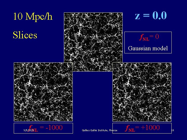 z = 0. 0 0 10 Mpc/h Slices f. NL= 0 Gaussian model f.