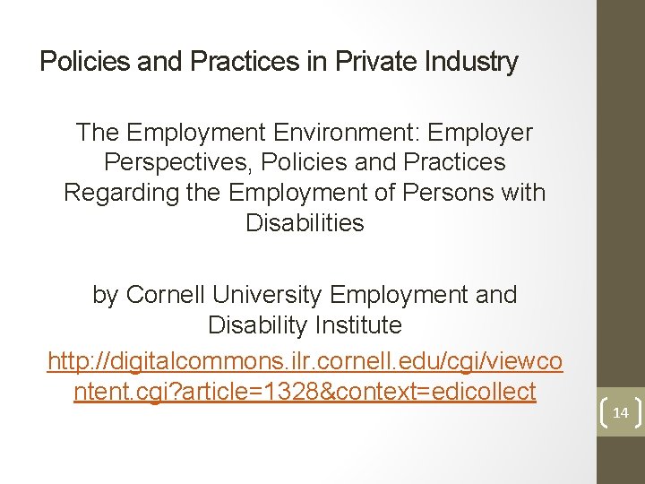 Policies and Practices in Private Industry The Employment Environment: Employer Perspectives, Policies and Practices