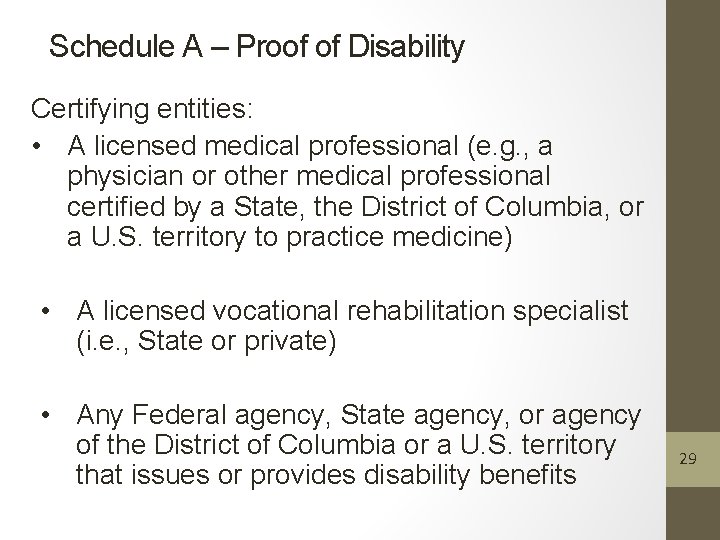 Schedule A – Proof of Disability Certifying entities: • A licensed medical professional (e.