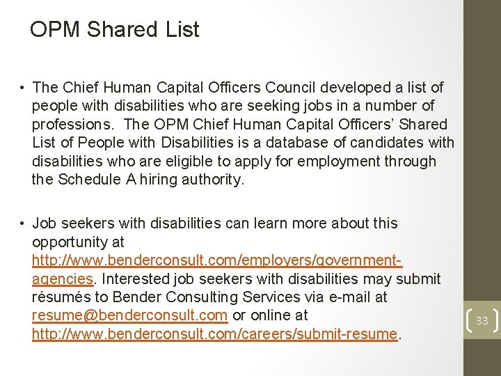 OPM Shared List • The Chief Human Capital Officers Council developed a list of