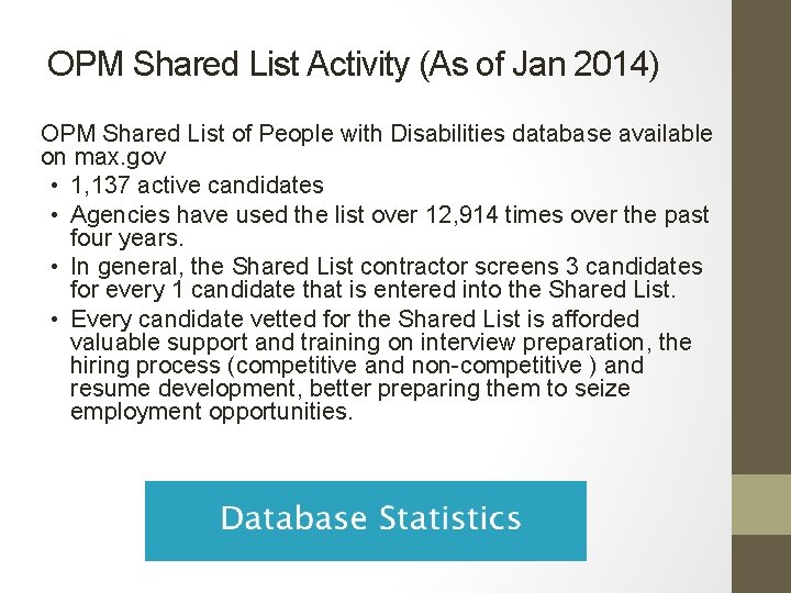 OPM Shared List Activity (As of Jan 2014) OPM Shared List of People with