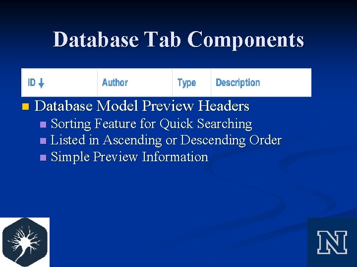 Database Tab Components n Database Model Preview Headers Sorting Feature for Quick Searching n