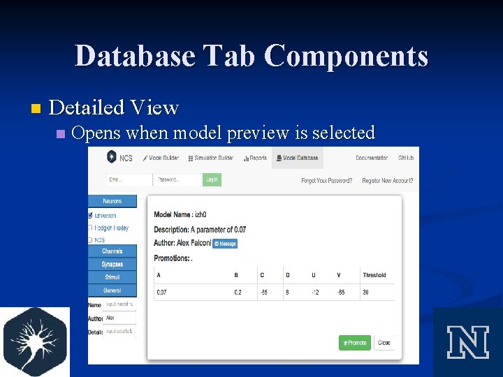 Database Tab Components n Detailed View n Opens when model preview is selected 