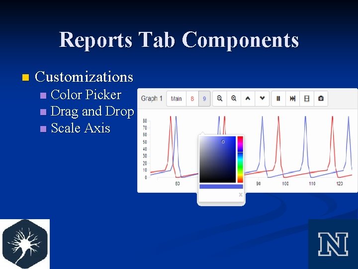 Reports Tab Components n Customizations Color Picker n Drag and Drop n Scale Axis