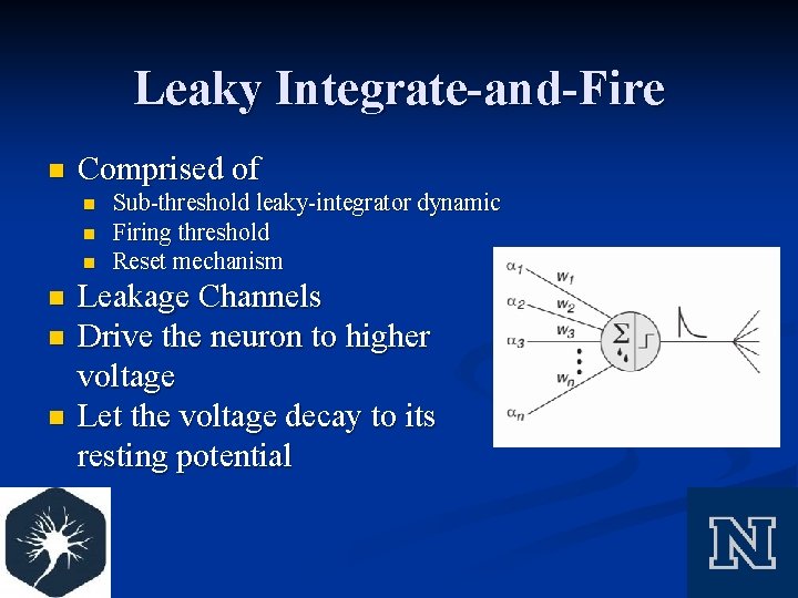 Leaky Integrate-and-Fire n Comprised of n n n Sub-threshold leaky-integrator dynamic Firing threshold Reset