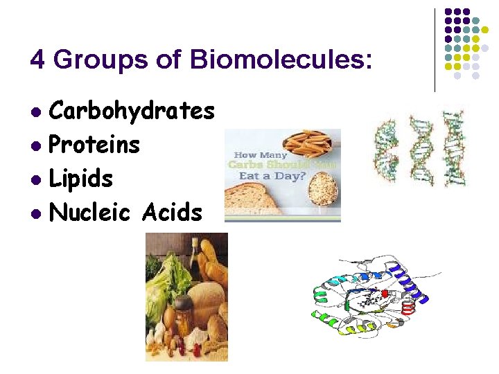 4 Groups of Biomolecules: Carbohydrates l Proteins l Lipids l Nucleic Acids l 