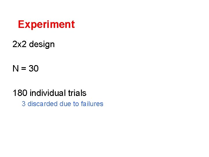 Experiment 2 x 2 design N = 30 180 individual trials 3 discarded due