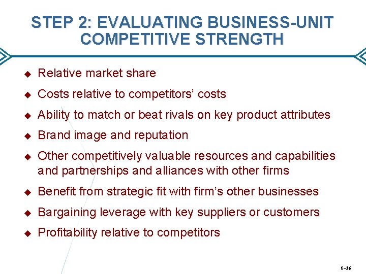 STEP 2: EVALUATING BUSINESS-UNIT COMPETITIVE STRENGTH Relative market share Costs relative to competitors’ costs
