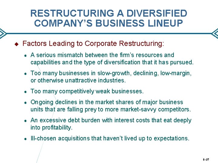 RESTRUCTURING A DIVERSIFIED COMPANY’S BUSINESS LINEUP Factors Leading to Corporate Restructuring: ● A serious