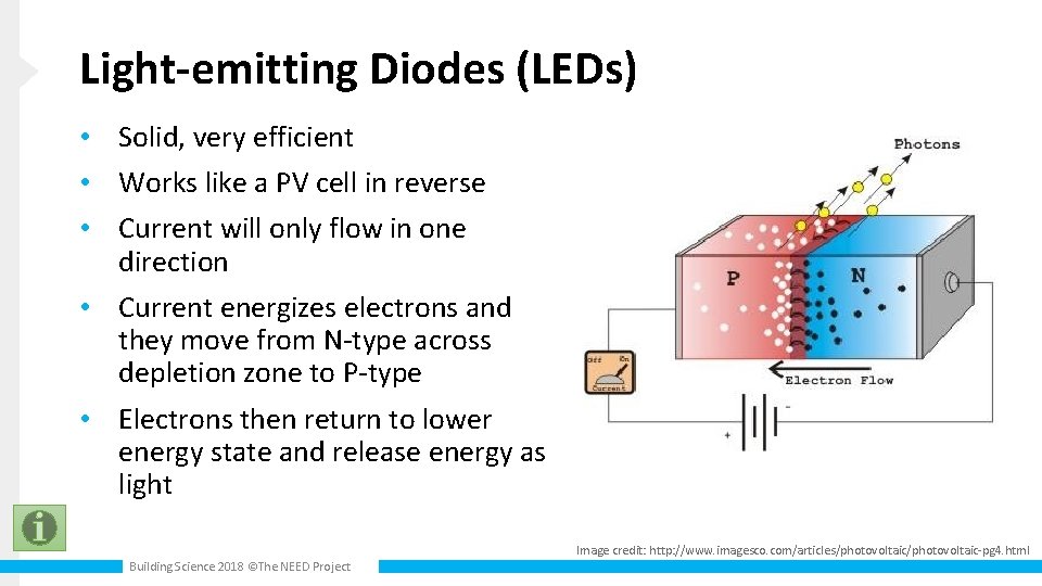 Light-emitting Diodes (LEDs) • Solid, very efficient • Works like a PV cell in