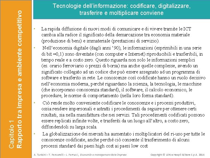 Capitolo 1 Rapporto tra impresa e ambiente competitivo Tecnologie dell’informazione: codificare, digitalizzare, trasferire e