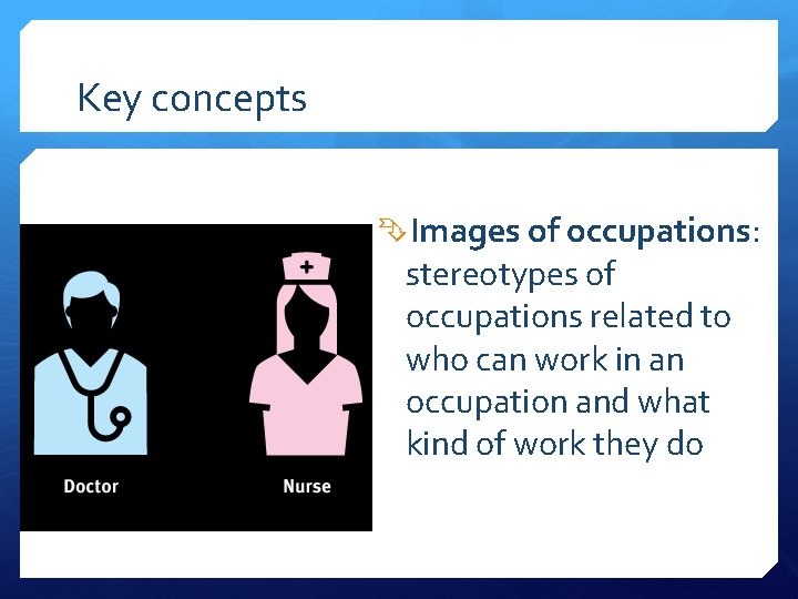Key concepts Images of occupations: stereotypes of occupations related to who can work in
