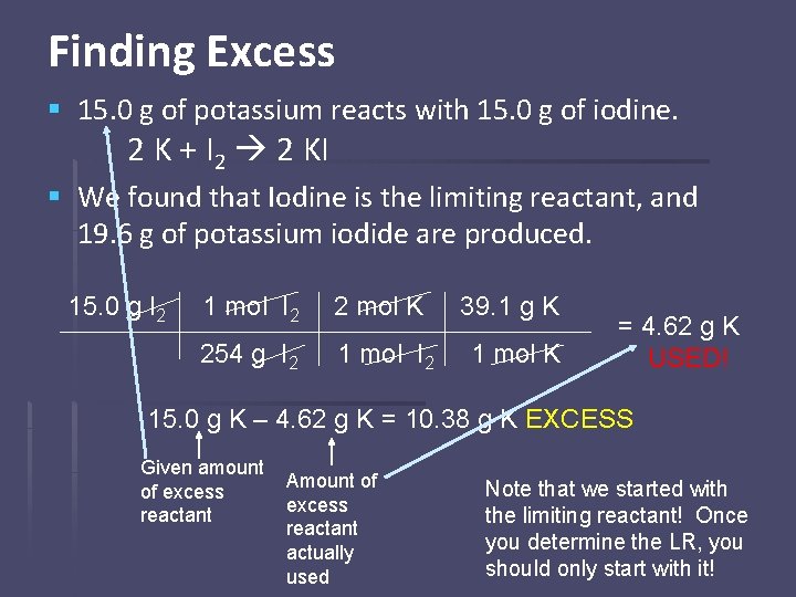 Finding Excess § 15. 0 g of potassium reacts with 15. 0 g of
