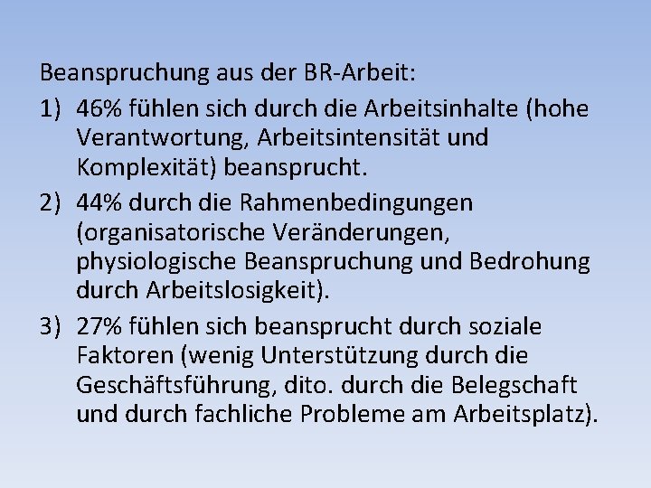 Beanspruchung aus der BR-Arbeit: 1) 46% fühlen sich durch die Arbeitsinhalte (hohe Verantwortung, Arbeitsintensität