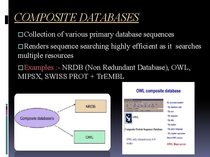 COMPOSITE DATABASES �Collection of various primary database sequences �Renders sequence searching highly efficient as