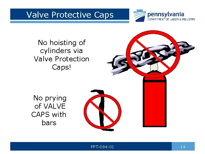 Valve Protective Caps No hoisting of cylinders via Valve Protection Caps! No prying of