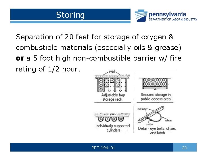 Storing Separation of 20 feet for storage of oxygen & combustible materials (especially oils