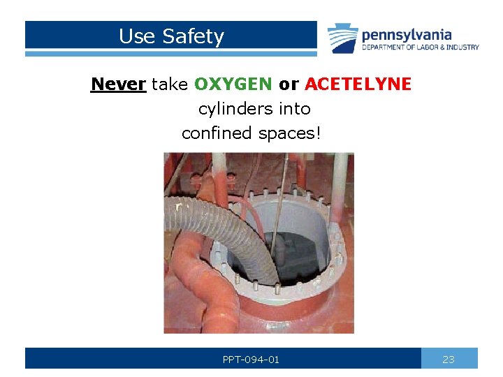 Use Safety Never take OXYGEN or ACETELYNE cylinders into confined spaces! PPT-094 -01 23
