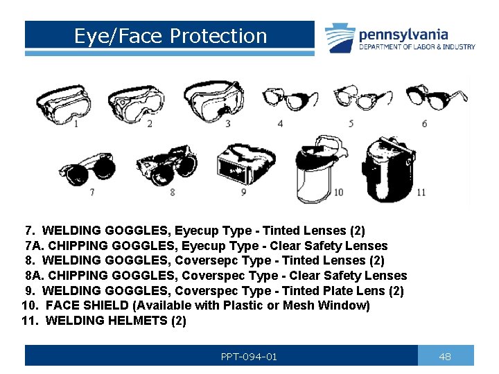 Eye/Face Protection 7. WELDING GOGGLES, Eyecup Type - Tinted Lenses (2) 7 A. CHIPPING