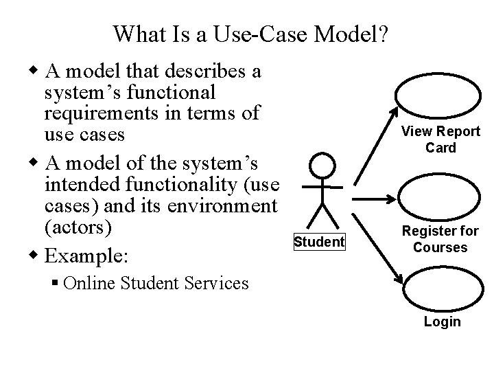 What Is a Use-Case Model? w A model that describes a system’s functional requirements