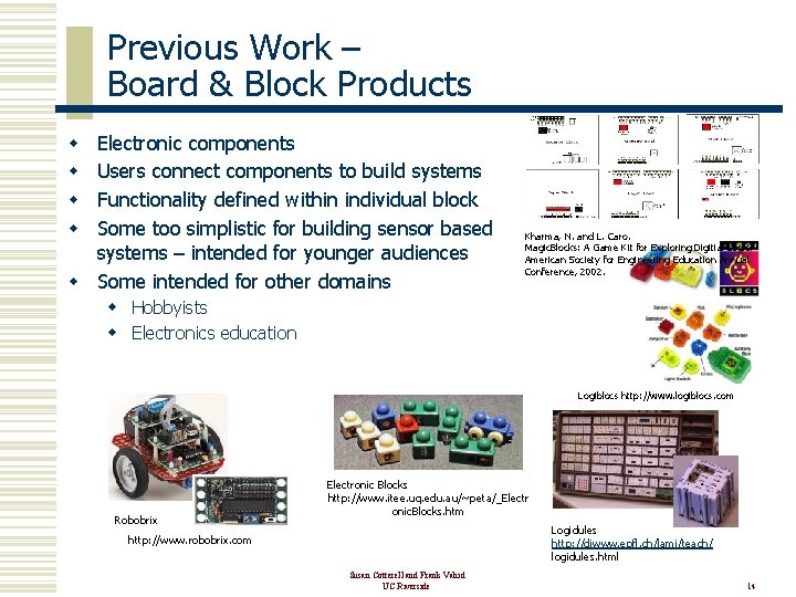 Previous Work – Board & Block Products Electronic components Users connect components to build
