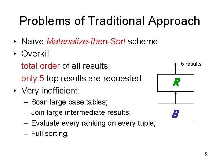 Problems of Traditional Approach • Naïve Materialize-then-Sort scheme • Overkill: total order of all