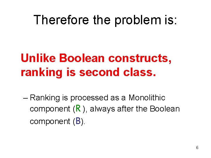 Therefore the problem is: Unlike Boolean constructs, ranking is second class. – Ranking is