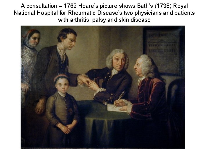 A consultation – 1762 Hoare’s picture shows Bath’s (1738) Royal National Hospital for Rheumatic