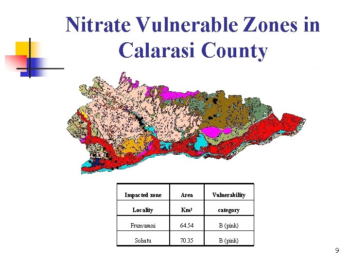 Nitrate Vulnerable Zones in Calarasi County Impacted zone Area Vulnerability Locality Km 2 category