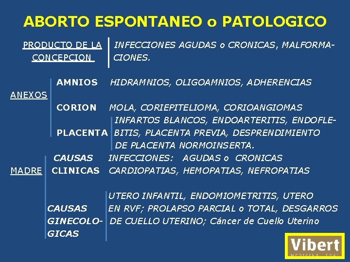 ABORTO ESPONTANEO o PATOLOGICO PRODUCTO DE LA CONCEPCION AMNIOS INFECCIONES AGUDAS o CRONICAS, MALFORMACIONES.