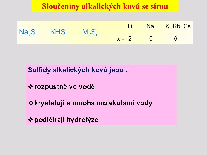 Sloučeniny alkalických kovů se sírou Sulfidy alkalických kovů jsou : vrozpustné ve vodě vkrystalují