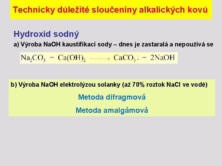 Technicky důležité sloučeniny alkalických kovů Hydroxid sodný a) Výroba Na. OH kaustifikací sody –