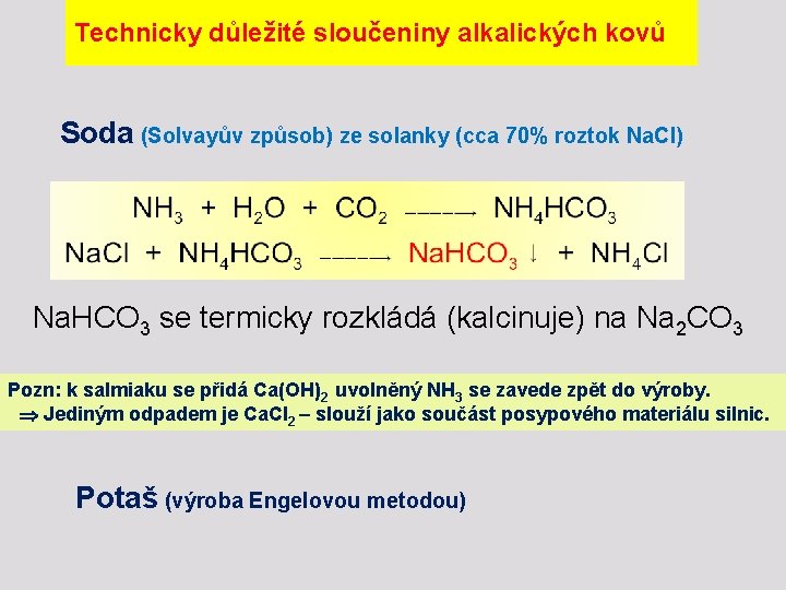 Technicky důležité sloučeniny alkalických kovů Soda (Solvayův způsob) ze solanky (cca 70% roztok Na.