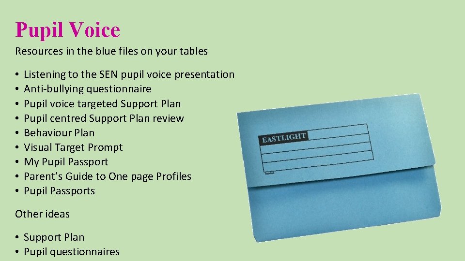 Pupil Voice Resources in the blue files on your tables • • • Listening